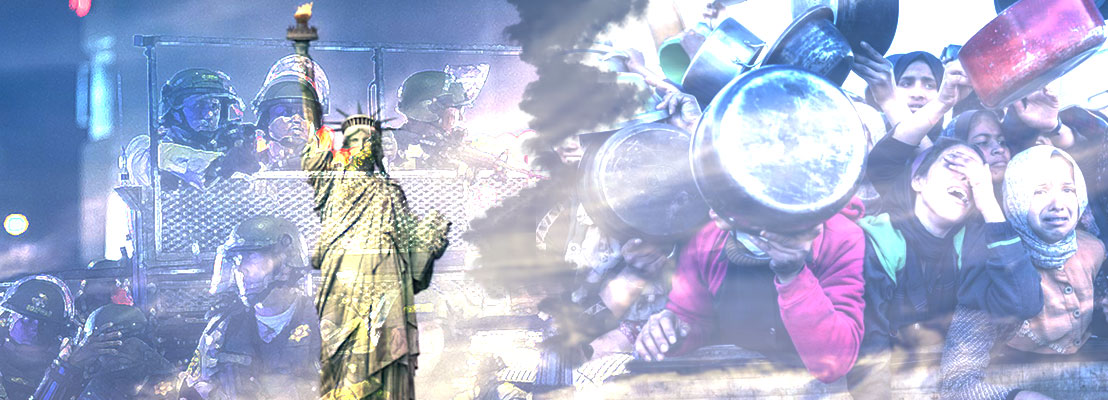 Militarized police and the genocide in Gaza fading into the Statue of Liberty, symbolizing reflection on the United States' 250th anniversary, nationalism, empire, and historical memory.